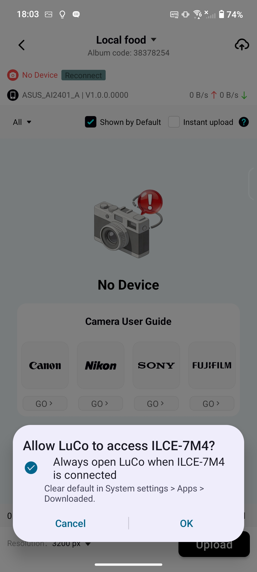 Android popup: Allow LuCo to access camera