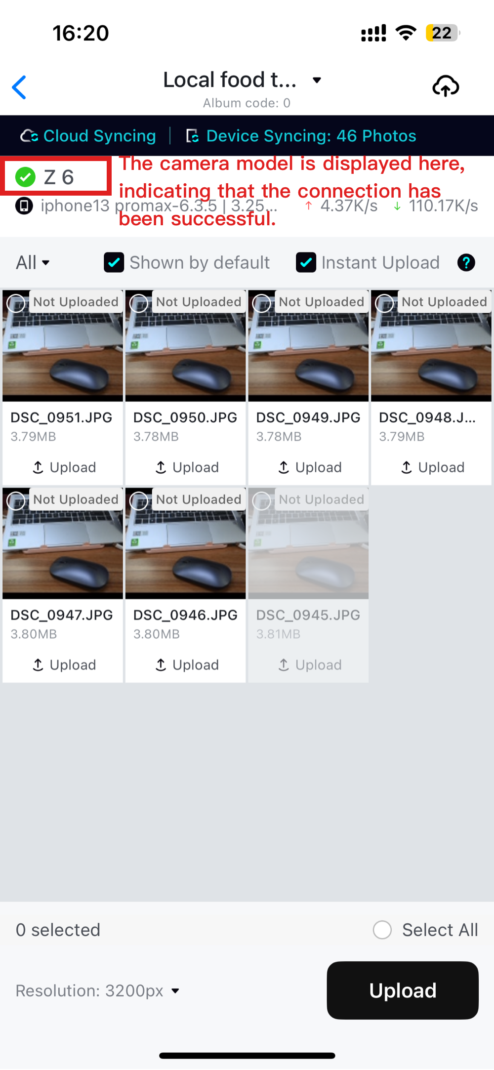 Transfer page showing connected camera model
